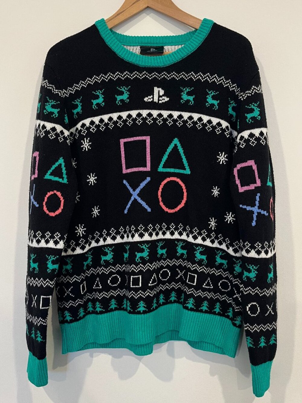 Official PlayStation Symbols Ugly Christmas Sweater Knit Black Teal XL